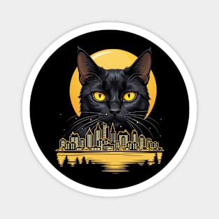 Black Cat With Yellow Eyes Night Moon And City Cats Lovers Magnet